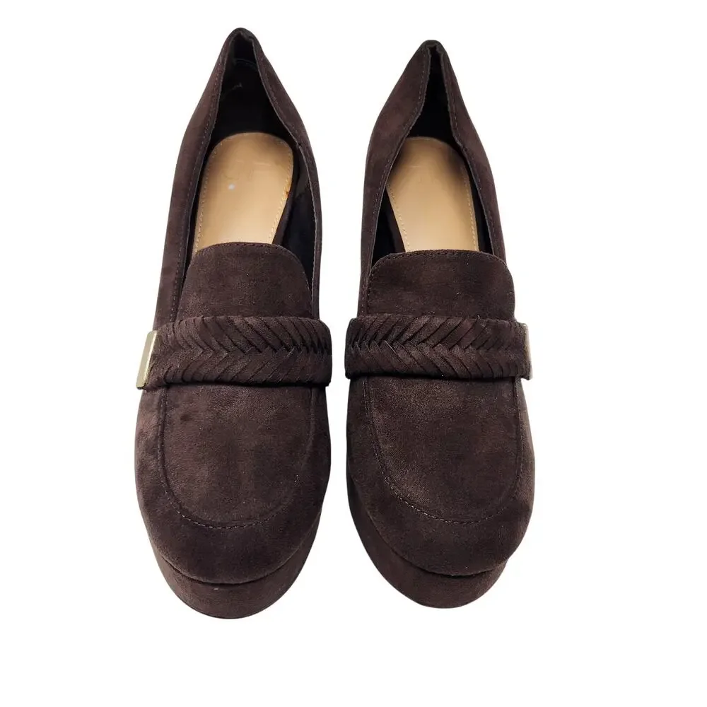 Just Fab JF Brown Suede Adele Braided Slip On Heeled Loafers Pump Sandals Size 7